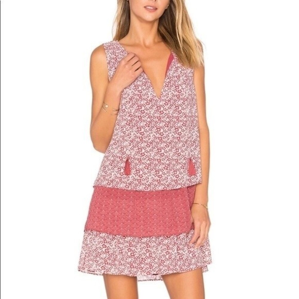Tularosa Brady Layered Floral Sleeveless Dress Tiered Ruffle Boho Tie Neck Boho